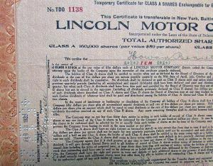 1920 Lincoln Motor Co Stock Certificate TDO 1138 Notarized Original Memorabilia