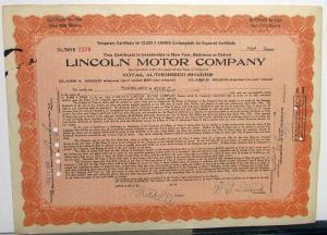 1920 Lincoln Motor Co Stock Certificate TNYO 2276 Notarized Original Memorabilia