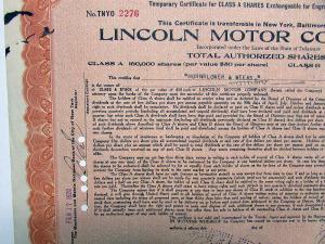 1920 Lincoln Motor Co Stock Certificate TNYO 2276 Notarized Original Memorabilia