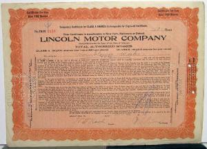 1920 Lincoln Motor Co Stock Certificate TNYO 3450 Notarized Original Memorabilia