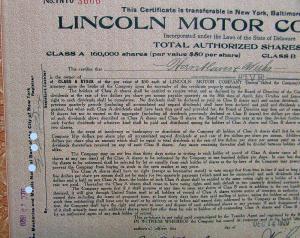 1920 Lincoln Motor Co Stock Certificate TNYO 3600 Notarized Original Memorabilia
