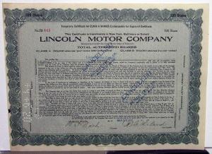 1920 Lincoln Motor Co Stock Certificate TD 445 Notarized Original Memorabilia