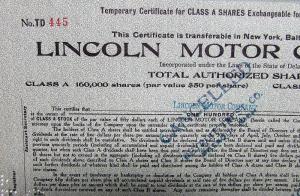 1920 Lincoln Motor Co Stock Certificate TD 445 Notarized Original Memorabilia