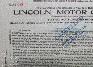 1920 Lincoln Motor Co Stock Certificate TD 448 Notarized Original Memorabilia