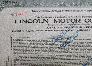 1920 Lincoln Motor Co Stock Certificate TD 449 Notarized Original Memorabilia