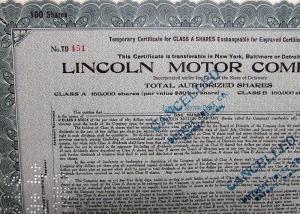1920 Lincoln Motor Co Stock Certificate TD 451 Notarized Original Memorabilia