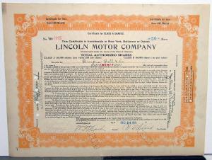 1921 Lincoln Motor Co Stock Certificate TDO 6985 Notarized Original Memorabilia