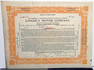 1921 Lincoln Motor Co Stock Certificate TDO 6484 Notarized Original Memorabilia