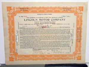 1921 Lincoln Motor Co Stock Certificate TDO 6642 Notarized Original Memorabilia