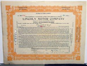 1921 Lincoln Motor Co Stock Certificate TDO 6654 Notarized Original Memorabilia