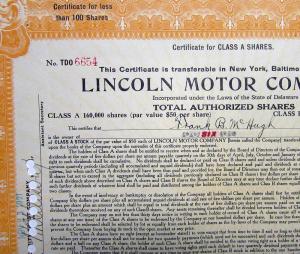 1921 Lincoln Motor Co Stock Certificate TDO 6654 Notarized Original Memorabilia