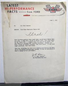 1962 Ford Corporate Letter To Dealers World 600 Stock Car Race Win Performance
