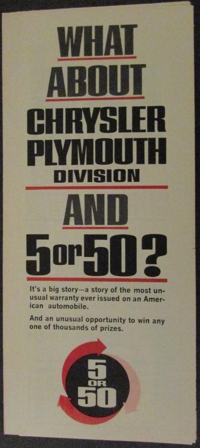 1963 Chrysler Plymouth Warranty Sales Brochure Leaflet Sweepstakes Original