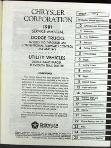 1981 Dodge Ram Truck Dealer Service Manual 150 250 350 Ramcharger Pickup