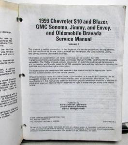 1999 Chevy GMC Olds Service Shop Manual ST Truck S10 Blazer Sonoma Jimmy Bravada