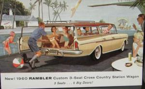 1960 AMC Rambler Custom 3 Seat Cross Country Station Wagon Post Card Original