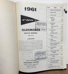 1961 Oldsmobile Service Shop Manual F 85 Repair Revised Edition