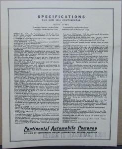 1934 Continental Standard & Deluxe Models Motor Car Original Specs Sheet