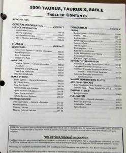 2009 Ford Taurus & X and Mercury Sable Service Shop Repair Manual Original
