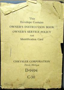 1941 Chrysler D 9494 C 30 ENVELOPE for Owners Manual ORIGINAL