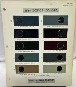 Original 1939 Dodge Ditzler Color Paint Chip Color Selector Code Leaflet