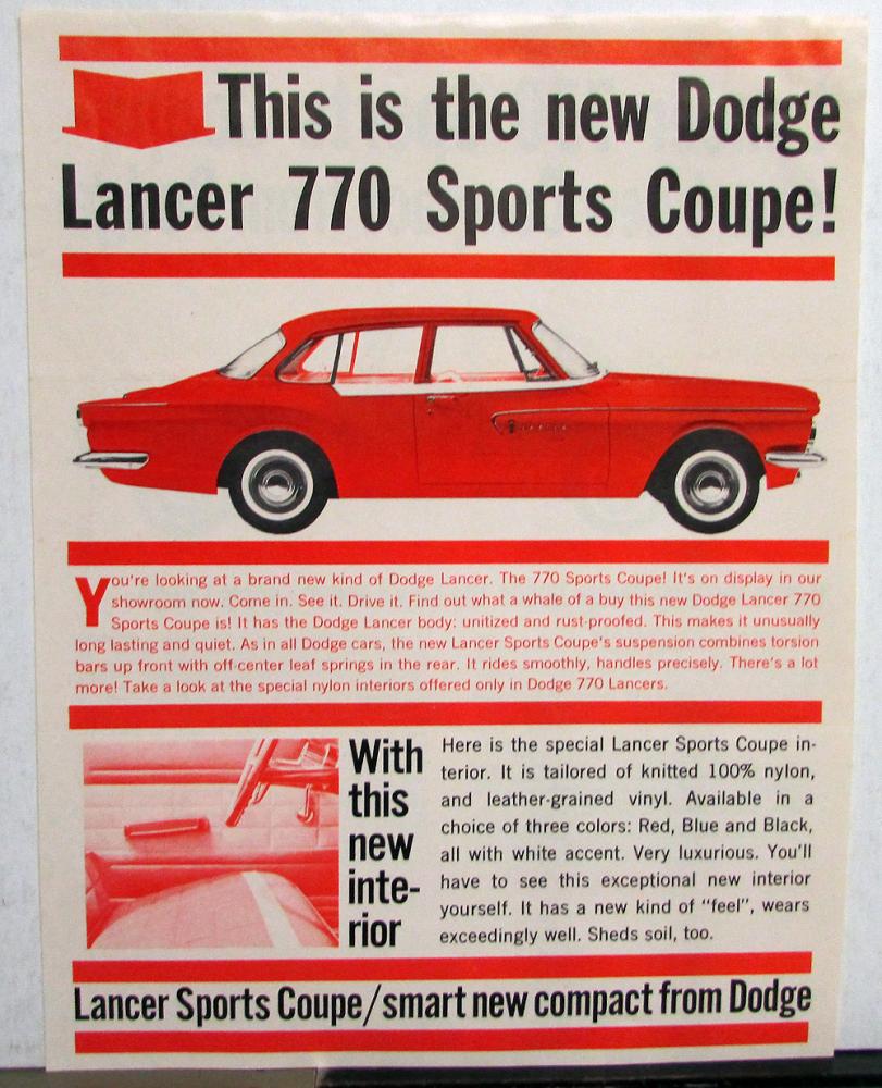 1961 Dodge Dealer Sales Data Sheet Leaflet Lancer 770 Sports Coupe