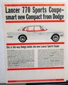 1961 Dodge Dealer Sales Data Sheet Leaflet Lancer 770 Sports Coupe