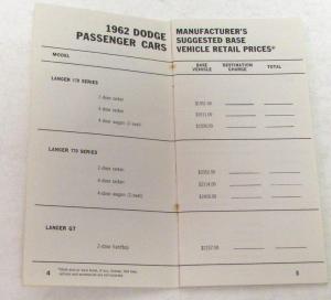 1962 Dodge Dealer Sales Retail Price Reference Booklet Accessories Options