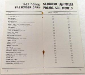 1962 Dodge Dealer Sales Retail Price Reference Booklet Accessories Options