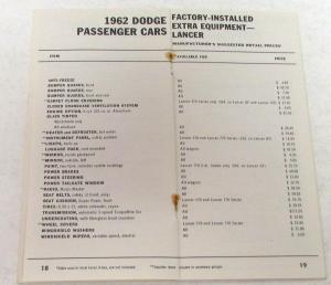 1962 Dodge Dealer Sales Retail Price Reference Booklet Accessories Options
