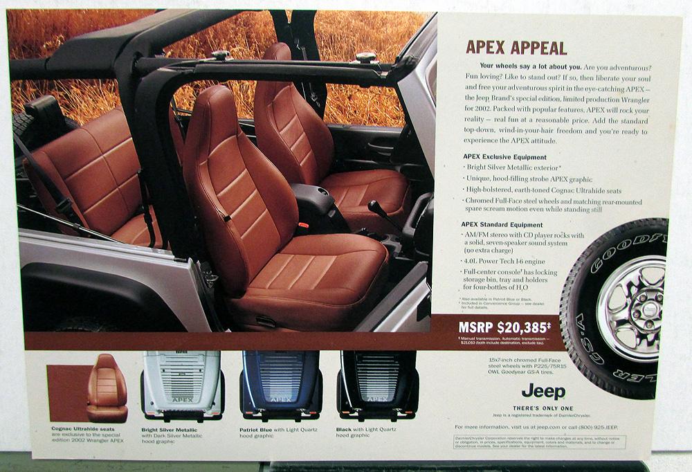 2002 Jeep Wrangler Apex Original Color Sales Brochure Data Card 2002 Jeep Wrangler Apex Original Color Sales Brochure Data Card