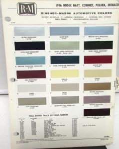 1966 Dodge R-M Color Paint Chips Selector Leaflet Codes Dart Coronet Polara