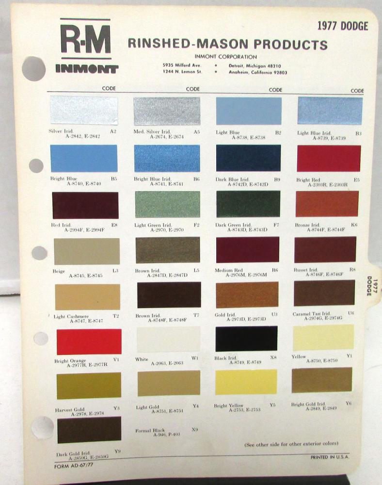 1977 Dodge R-M Color Paint Chips Selector Leaflet Codes All Models