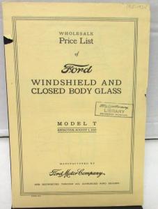 Original 1915-1924 Ford Dealer Windshield & Closed Body Glass Price List