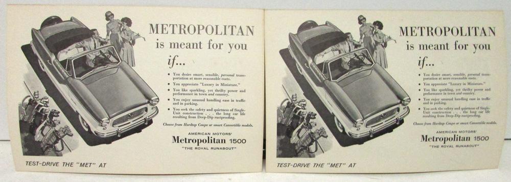 1950's AMC Metropolitan 1500 Dealer Mailer Ad Post Cards Pair of 2 Original