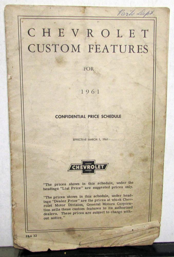 1961 Chevrolet Custom Features Price List Accessories Car Corvair Truck Original