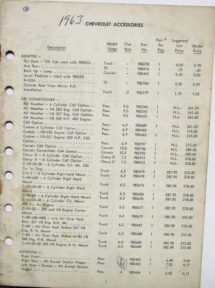 1963 Chevrolet Dealer Custom Features Price List Accessories Car Truck