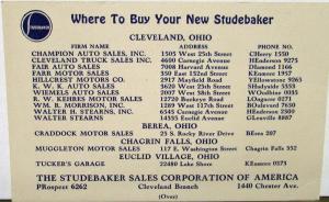 1938 Studebaker Six President  Commander Sale Reference Card Cleveland OH Orig