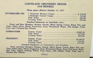 1938 Studebaker Six President  Commander Sale Reference Card Cleveland OH Orig