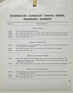 1951 Studebaker Parts Bulletin Indep Garages Camshaft Timing Gears Bearing Orig