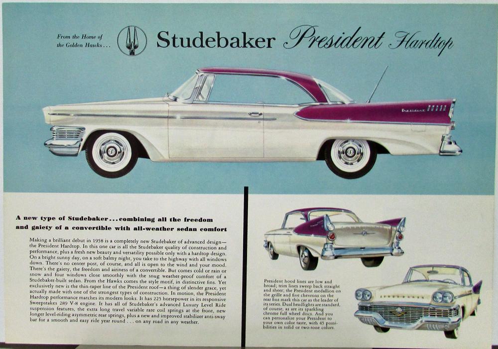 1958 Studebaker President Starlight Car Photo Spec Sheet Stat Info ATLAS CARD