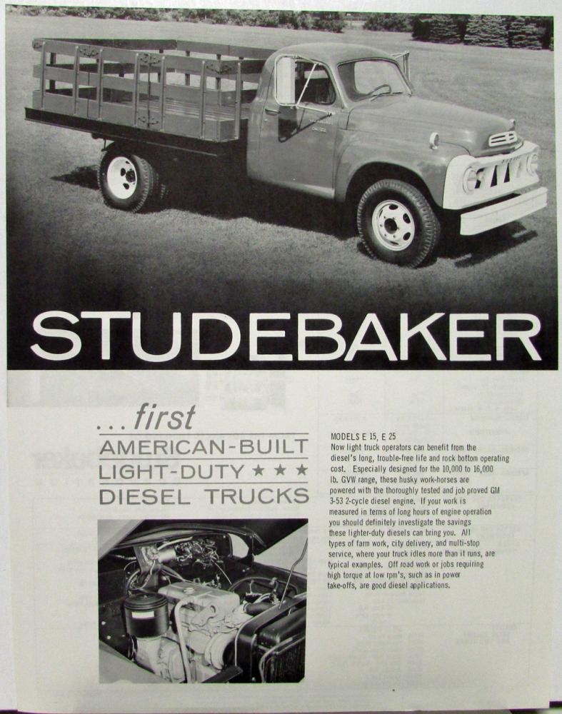1960 Studebaker LD Diesel Trucks Models E15 & E25 Sales Data Sheet Original