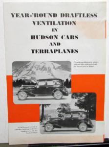 1933 Hudson & Terraplanes Year Round Draftless Ventilation Sales Folder Orig