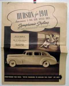 1941 Hudson Six Super Six Commodore Series Newsprint Style Sales Folder Original