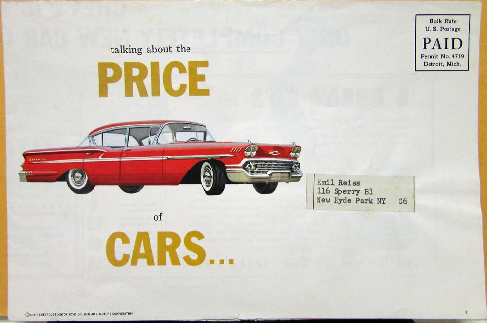 1958 Chevrolet Cars Bel Air Delray Color Sales Folder Mailer Original