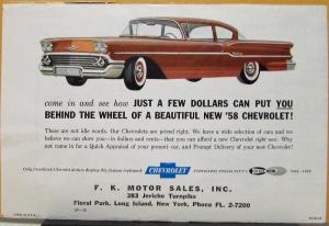 1958 Chevrolet Cars Bel Air Delray Color Sales Folder Mailer Original