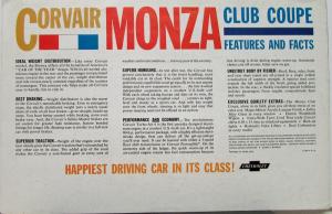 1960 Chevrolet Corvair Monza Features & Facts Color Sales Folder Original