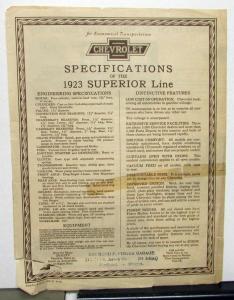 1923 Chevrolet Superior Car Models Sales Folder Original With FOBs & Specs