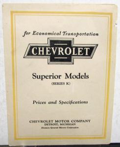 1925 Chevrolet Superior Models Series K Sales Folder Prices & Specs Original