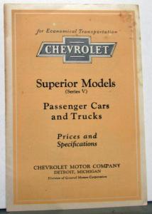 1926 Chevrolet Superior Models Series V Car & Truck Sales Folder Prices & Specs